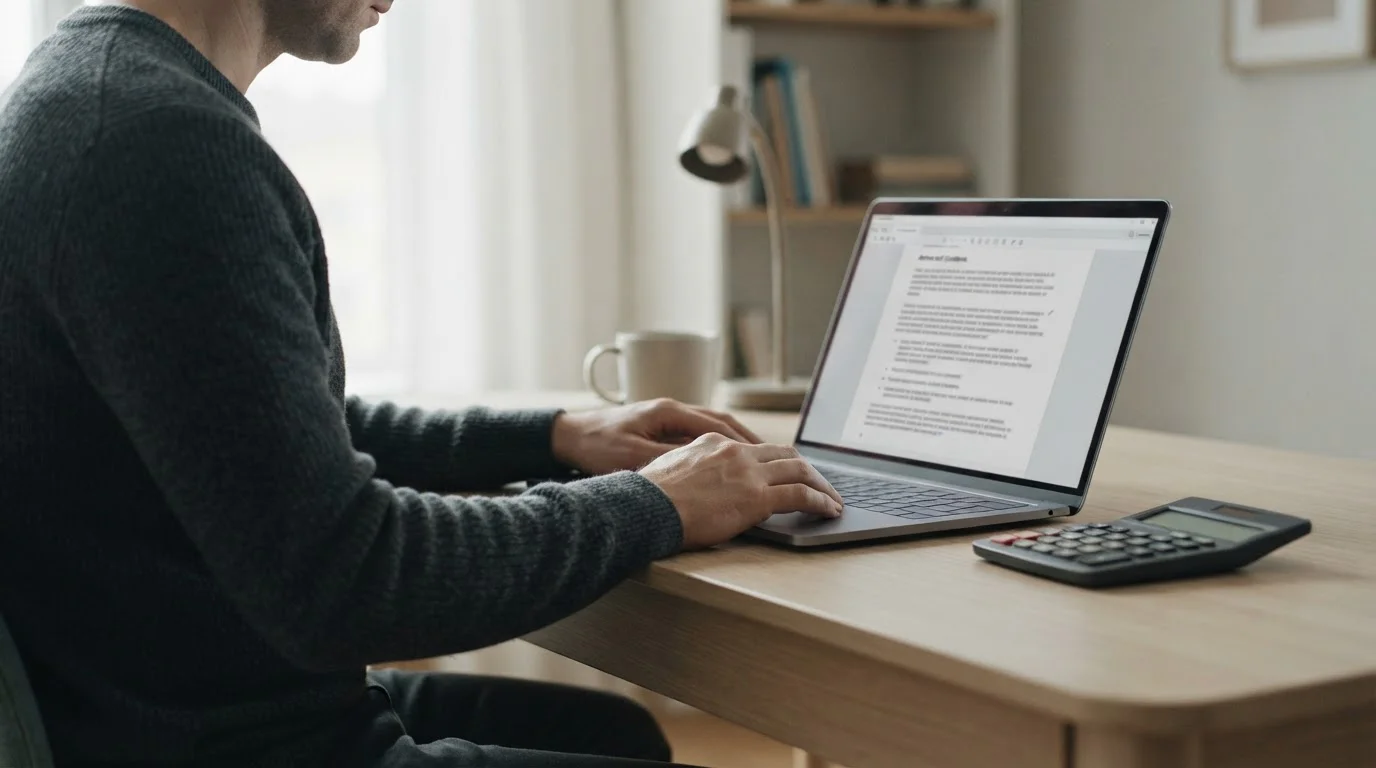 Persona leyendo términos y condiciones de bono de bienvenida en pantalla, calculadora al lado