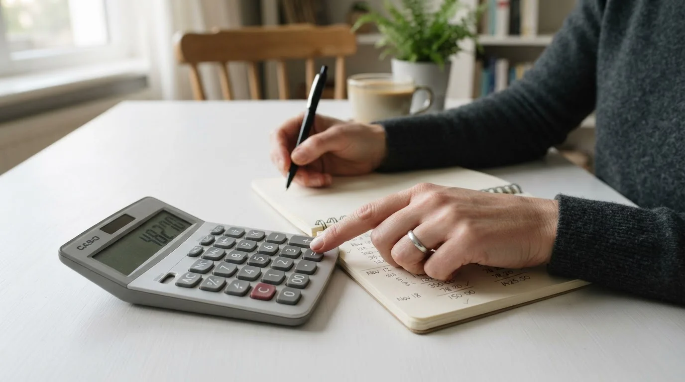 Manos de una persona revisando cálculos en una calculadora junto a un cuaderno con anotaciones