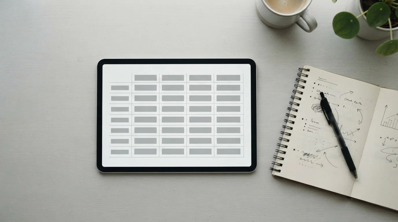 Vista cenital de una mesa de trabajo con tablet mostrando tabla comparativa de operadores de apuestas