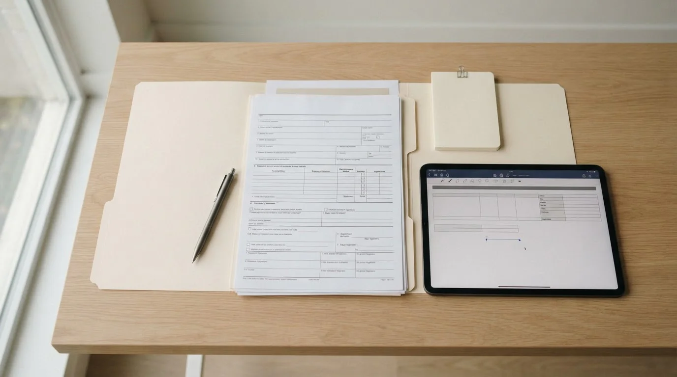 Documentos fiscales y formulario de declaración sobre mesa de trabajo