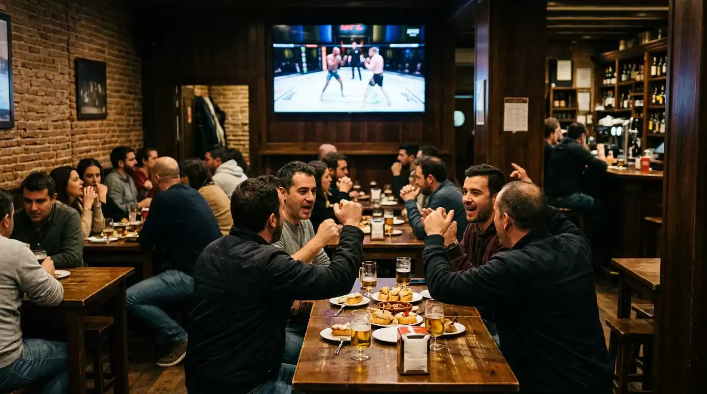 Aficionados españoles celebrando una pelea UFC en un bar deportivo de Alicante