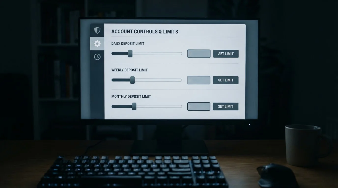 Interfaz de configuración de límites de depósito en pantalla de ordenador con ambiente sobrio y controlado