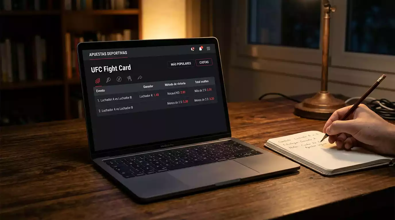 Pantalla de casa de apuestas con mercados UFC: ganador, método de victoria y total de asaltos