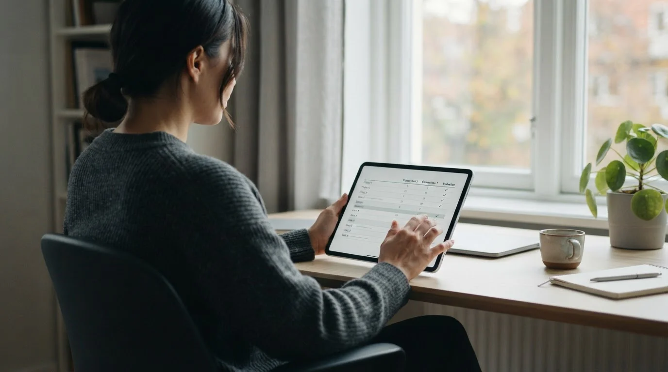 Persona revisando listado de casas de apuestas con Neteller en tablet, comparando operadores regulados