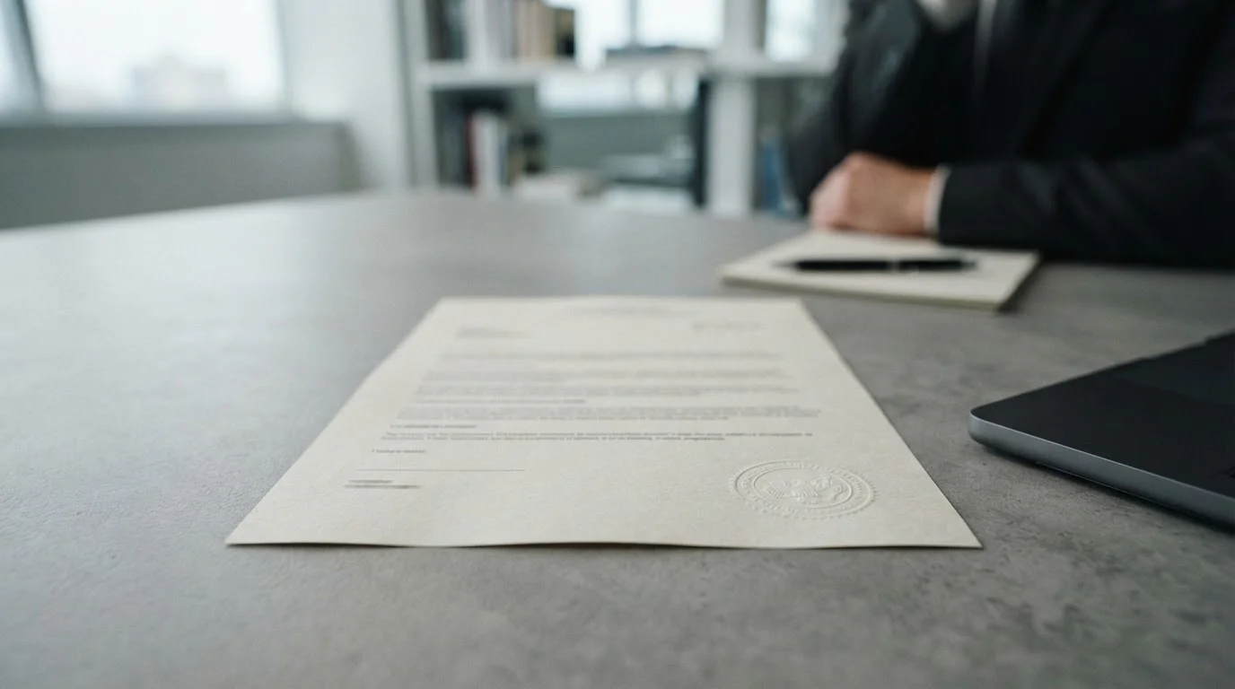 Documento oficial con sello regulatorio sobre escritorio, representando supervisión DGOJ del sector de apuestas
